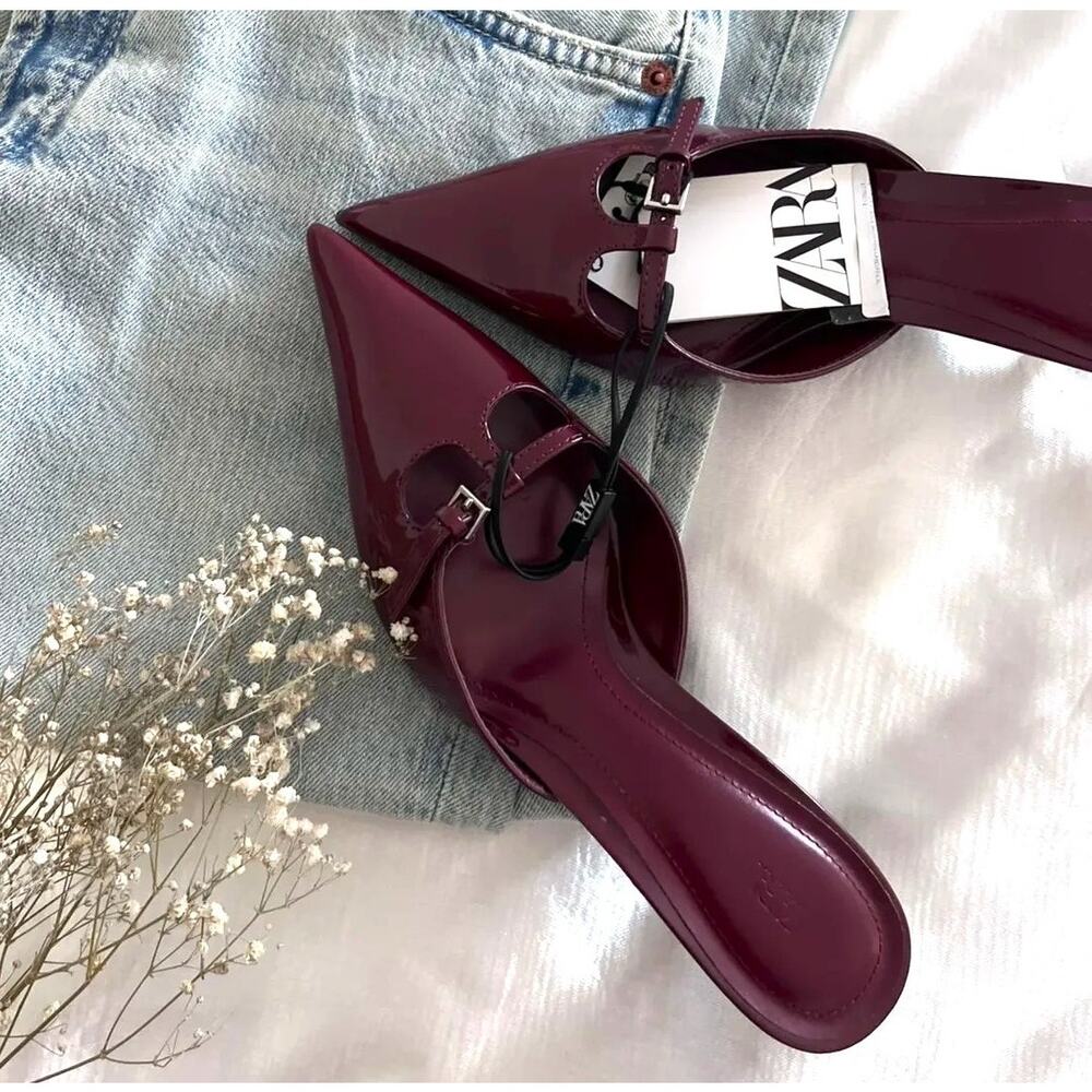 ZARA Burgundy Patent Pointed Toe Slip-On Heeled Mules NWT – Size 6.5 & 8 - Picture 9 of 16